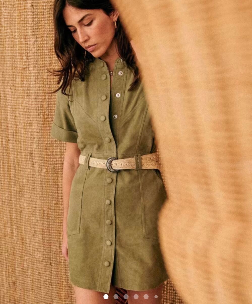 Sezane Paulette Olive Green Khaki Leather Suede Dress - Size 34 EUC